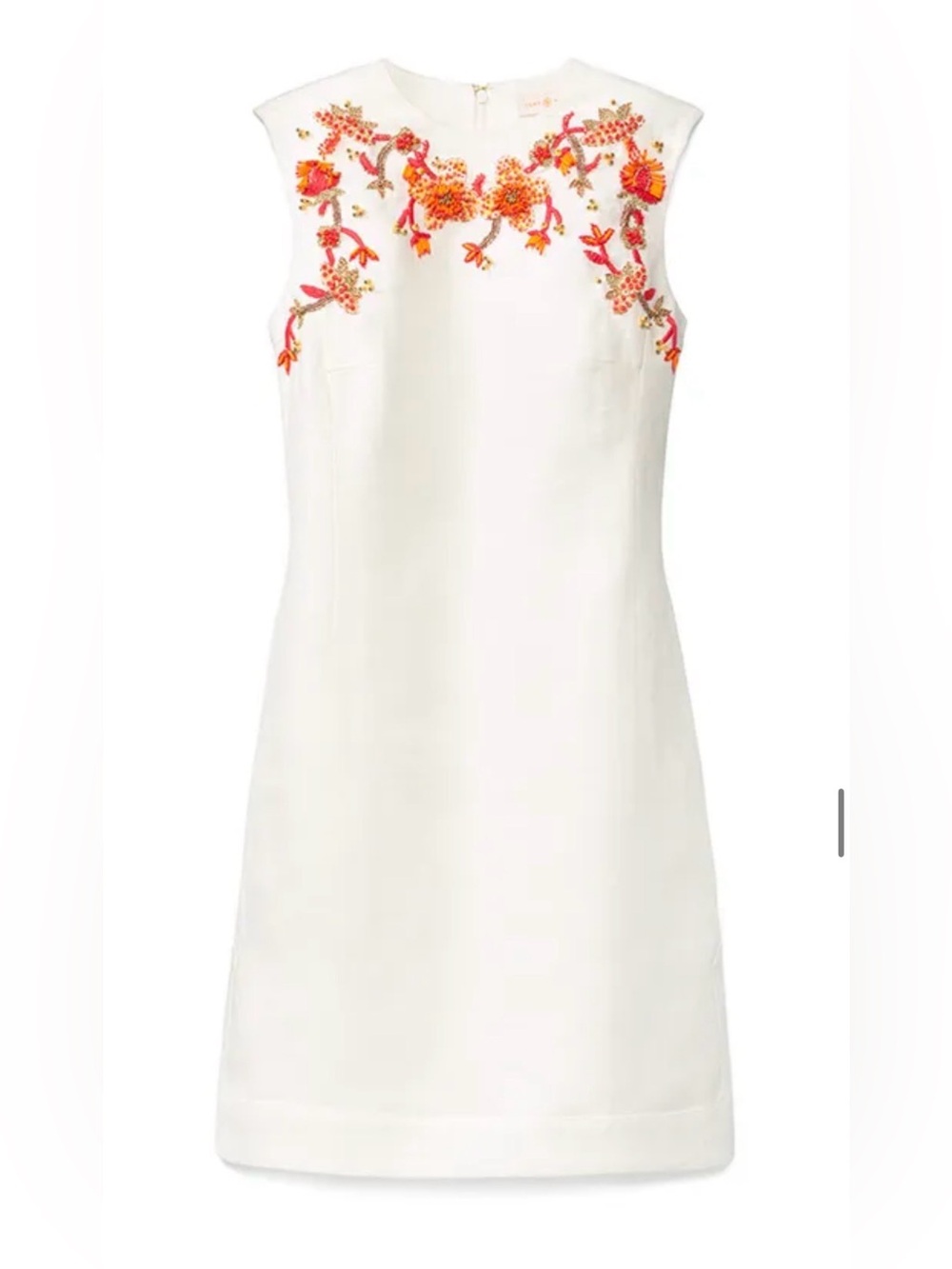Tory Burch cream linen mini dress with red, orange, & gold floral embellish